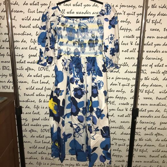 PLENTY BY TRACY REESE OFF-THE-SHOULDER PUFF-SLEEVE SMOCKED DRESS blue white XS - Picture 7 of 10